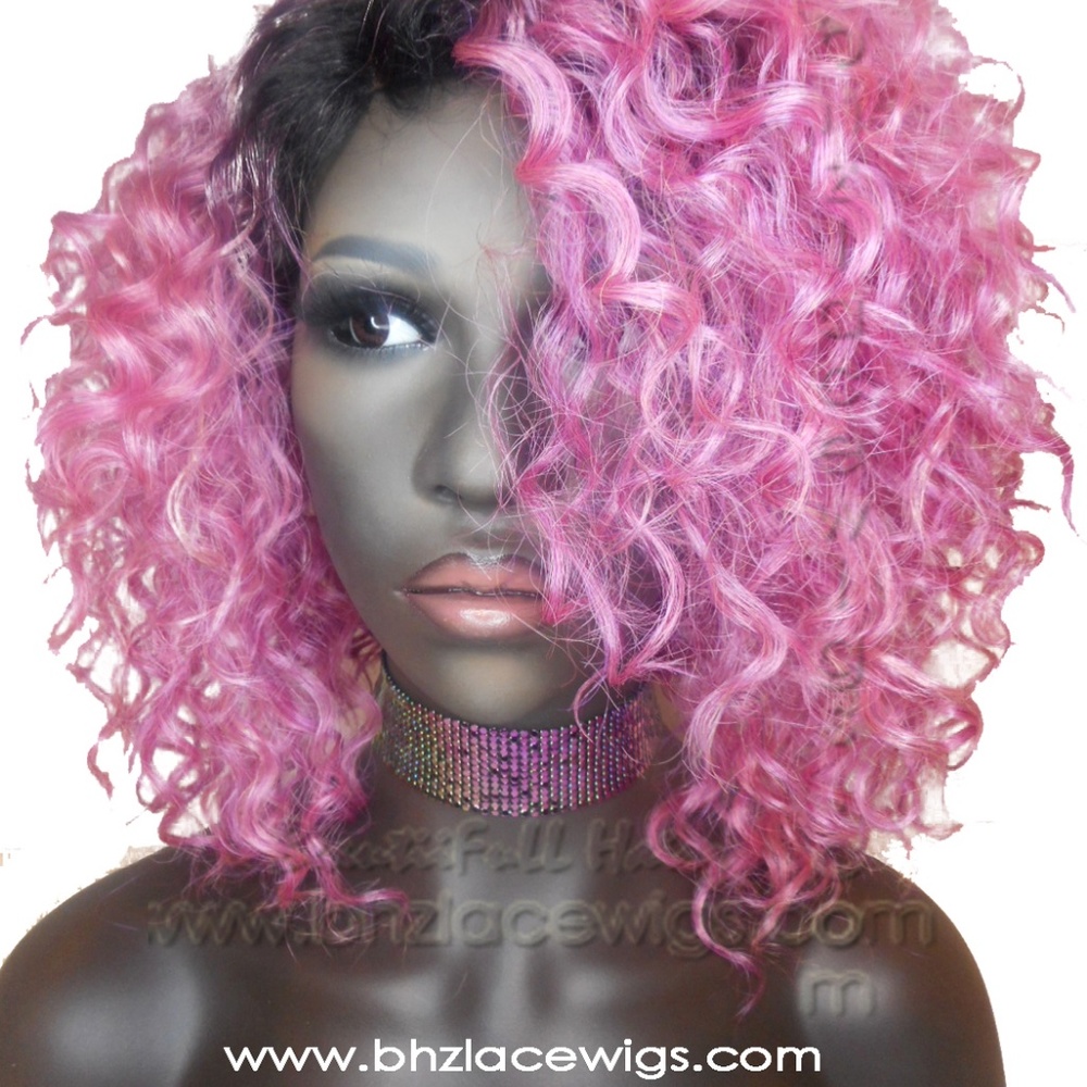 Konie pink wig curly lace PART wig curly bob pink - Picture 1 of 8